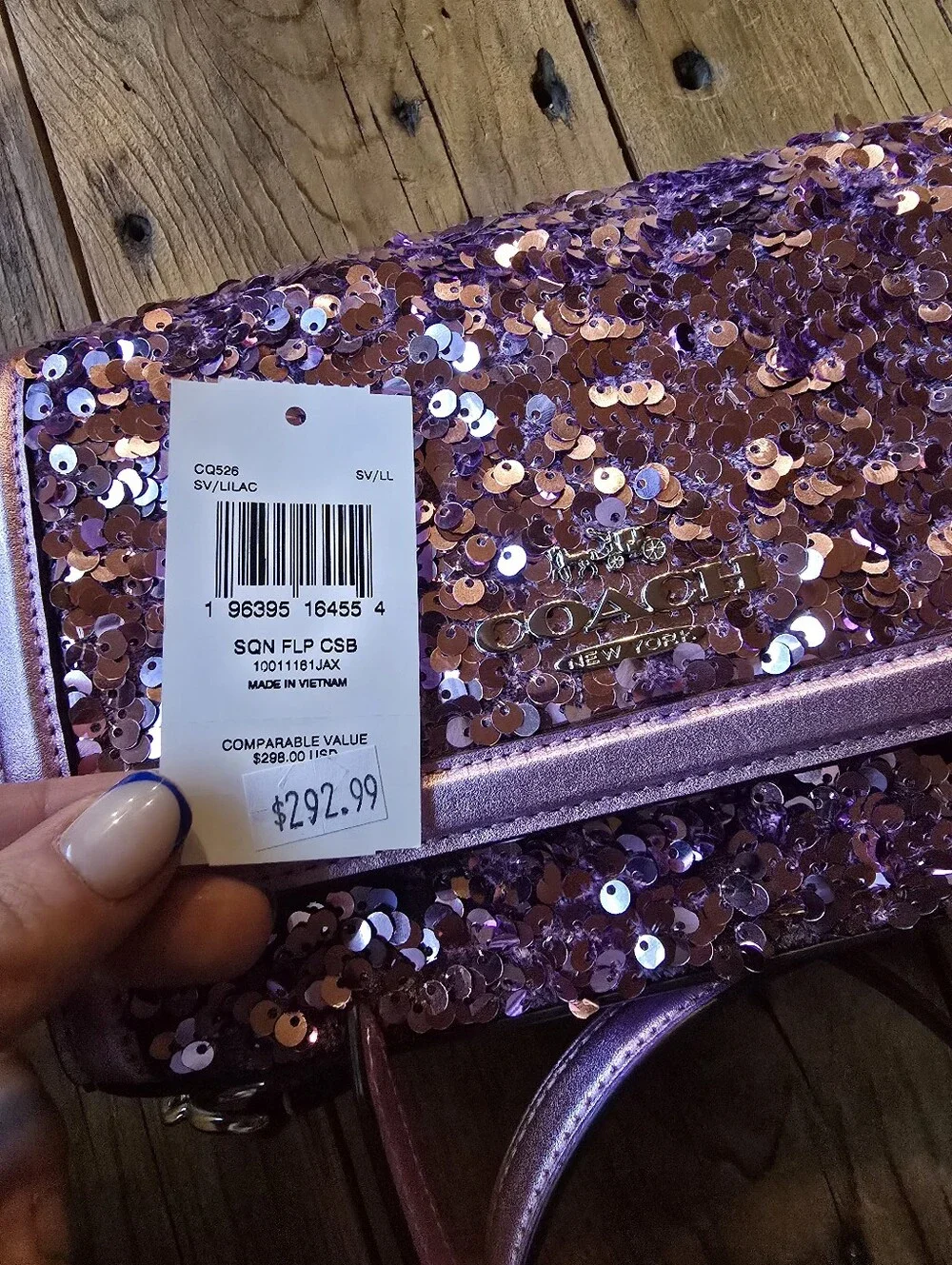 Coach Flap Clutch Crossbody Bag in Lilac Metallic Leather & Sequins